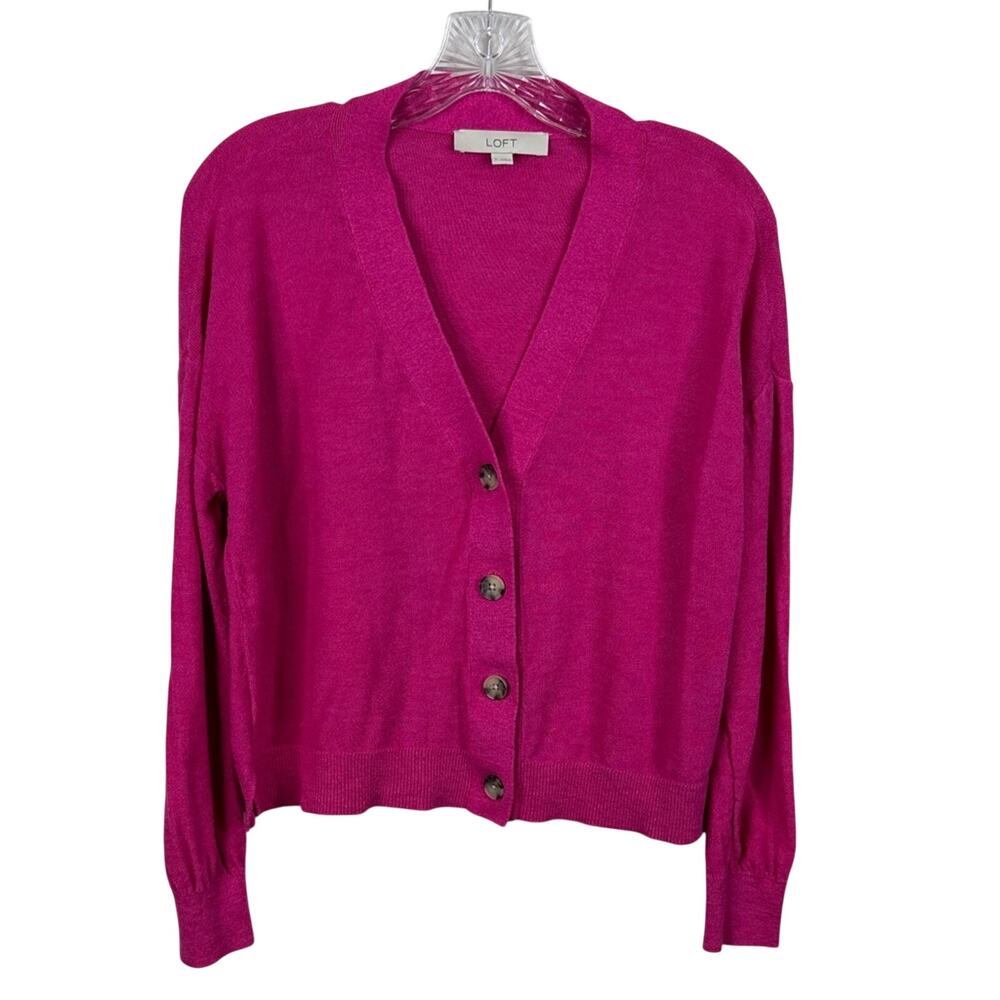 LOFT Fuchsia Pink Boxy Cardigan Sweater Women's Small Button Front Magenta Bold